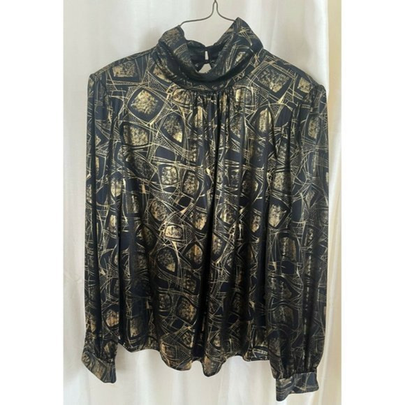 Vintage 80s Lauren Lee Liquid Metallic Leopard Black Gold Mock Neck Blouse Sz 8 - Picture 1 of 6
